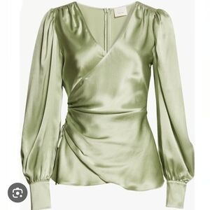 Cinq à Sept Light Green Satin Wrap Blouse